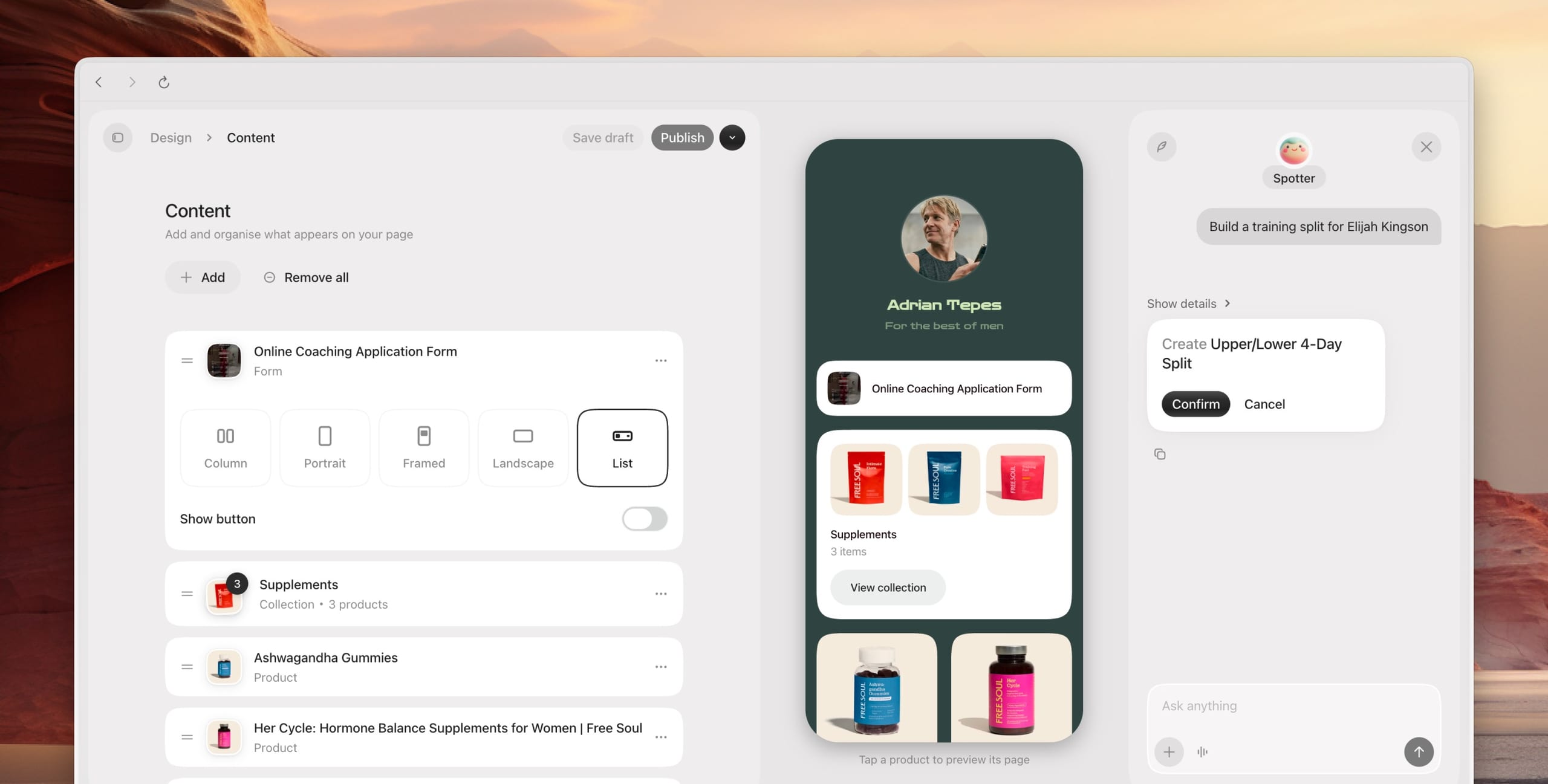 The link in bio builder, with a live phone preview and Spotter beside it
