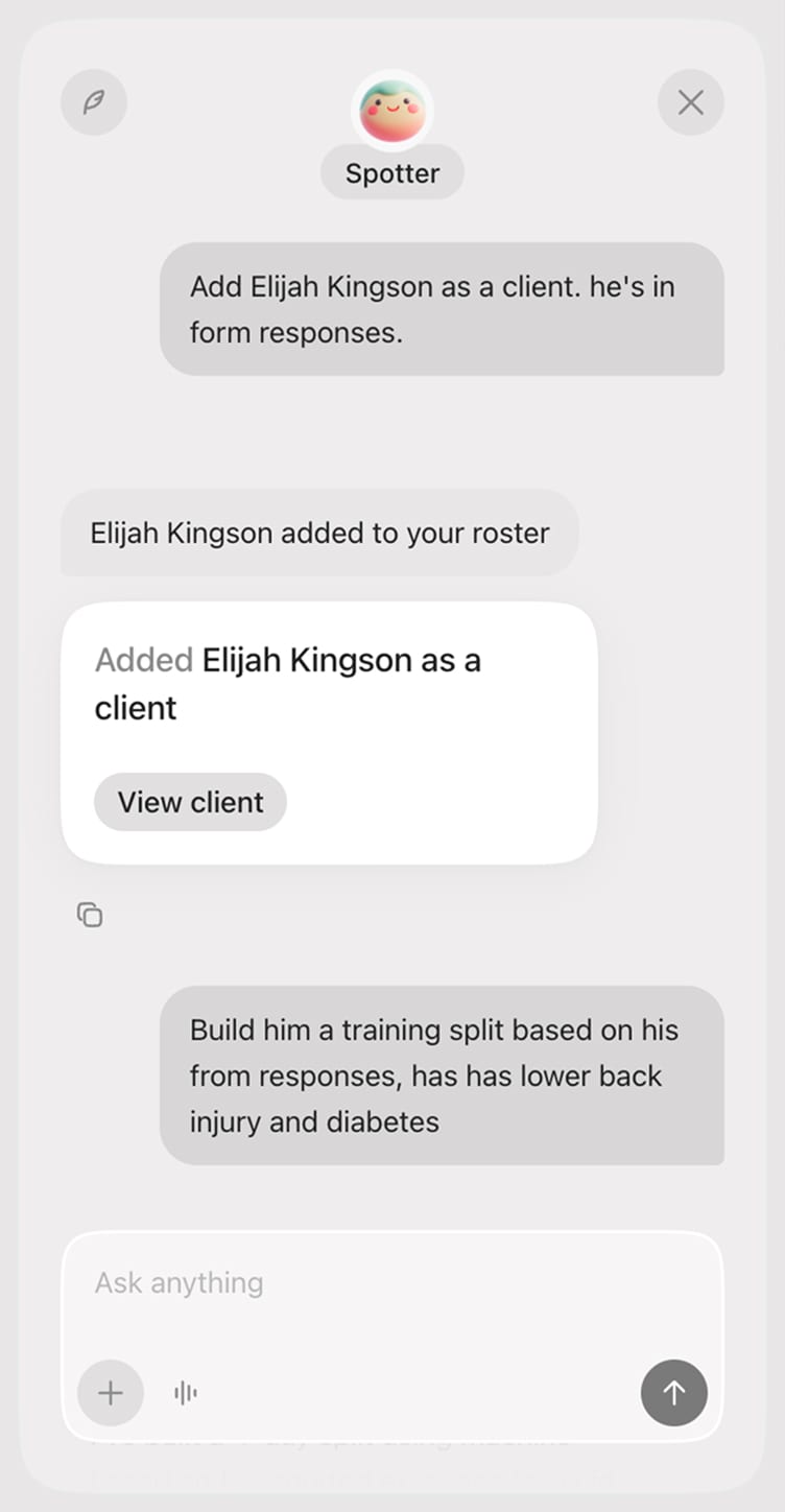 Spotter adding a client from their form responses