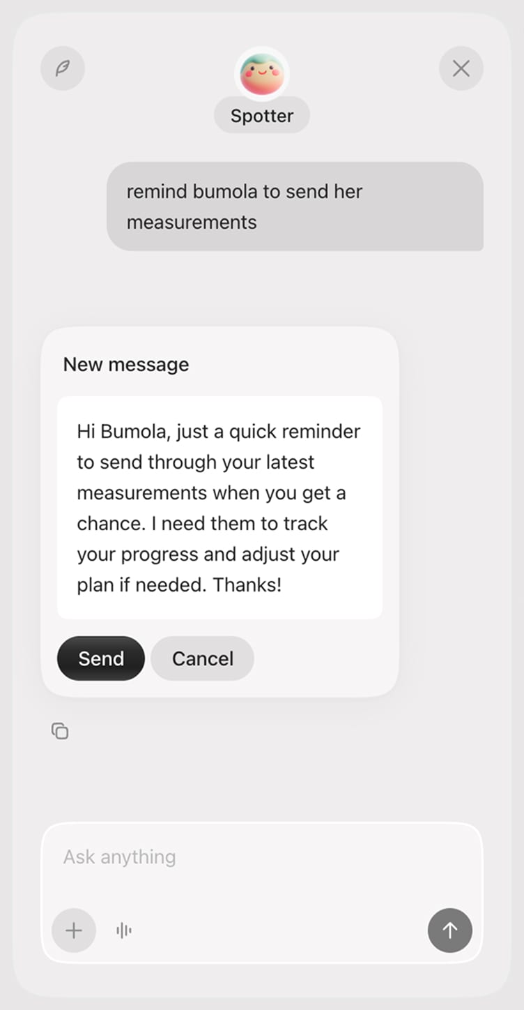 Spotter drafting a reminder asking a client for measurements
