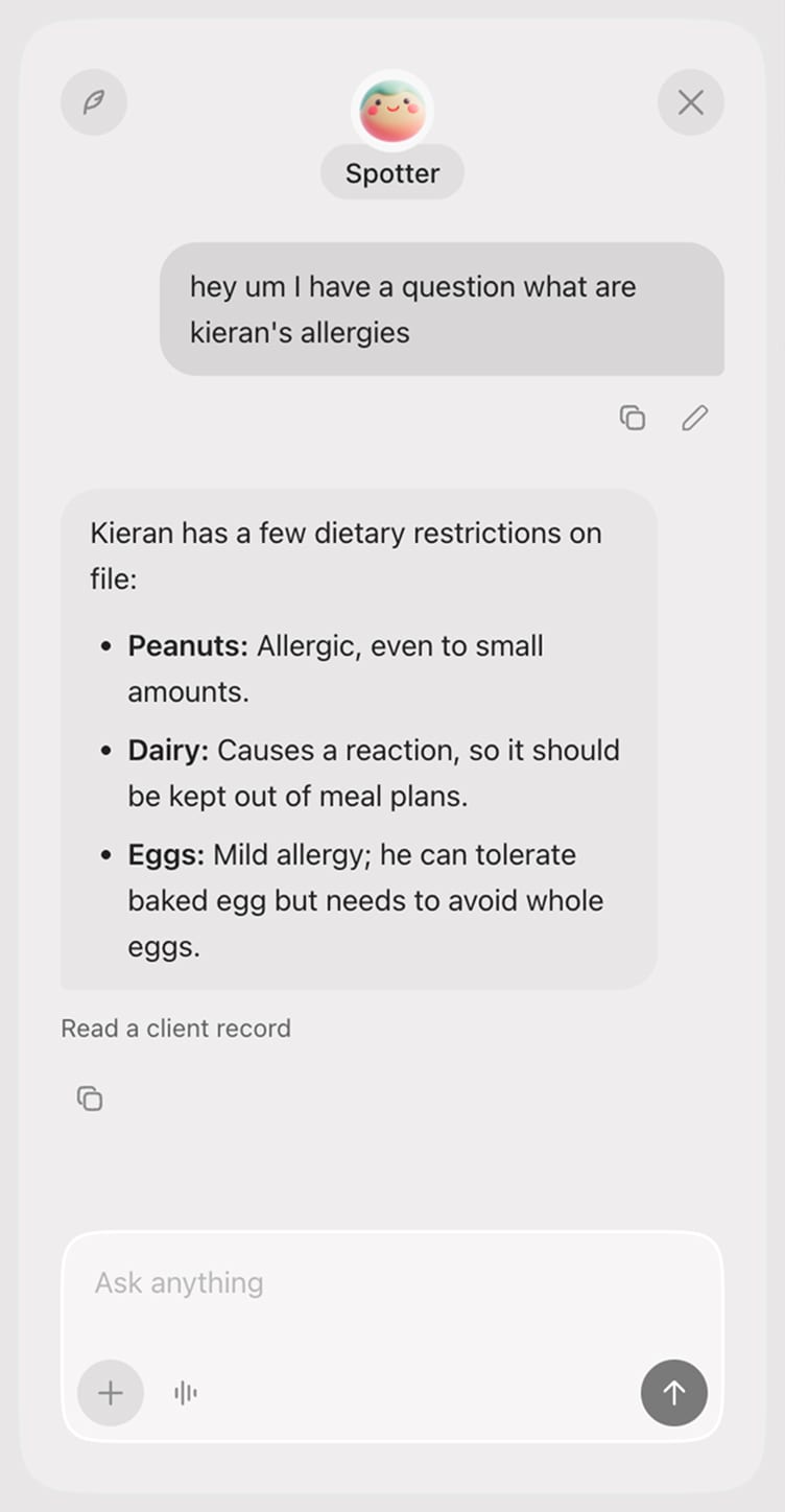 Spotter answering a question about a client’s allergies