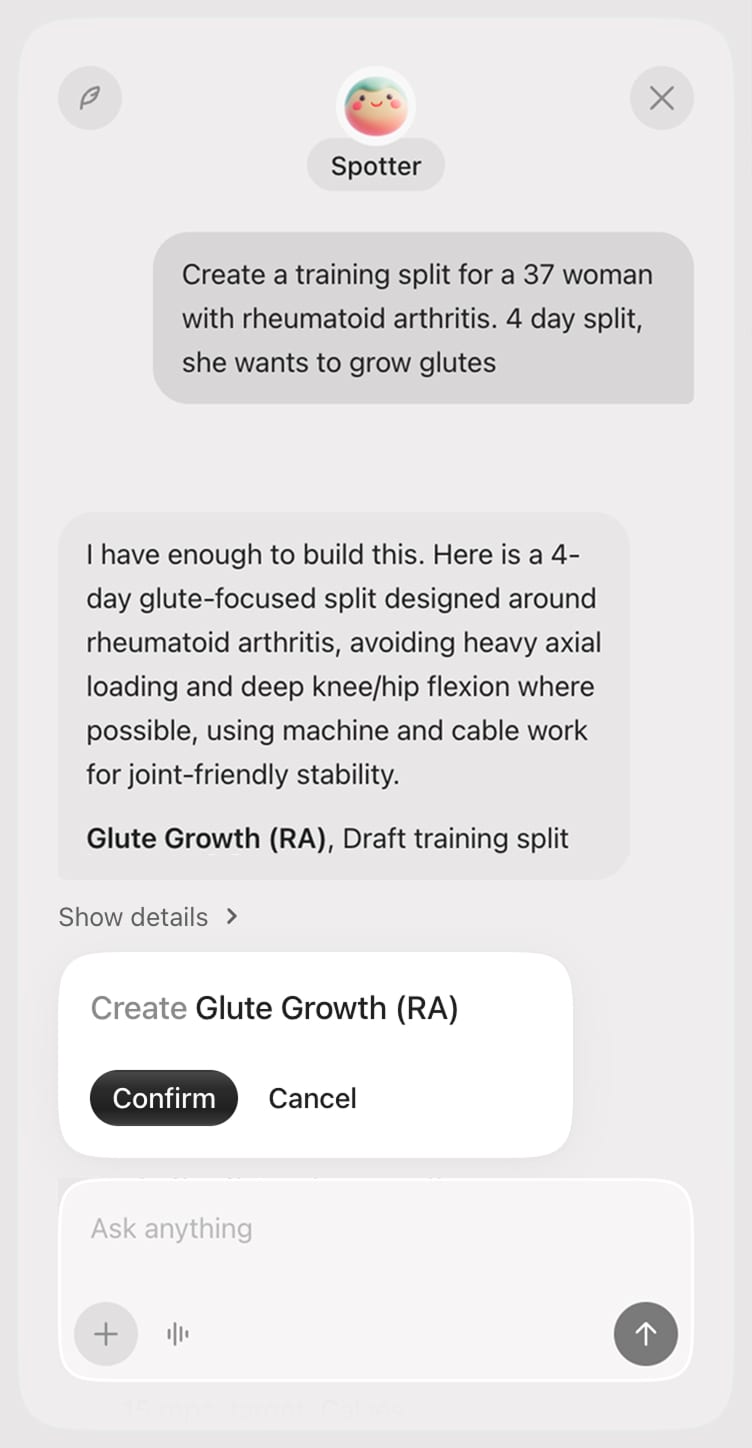 Spotter drafting a four day glute split around rheumatoid arthritis