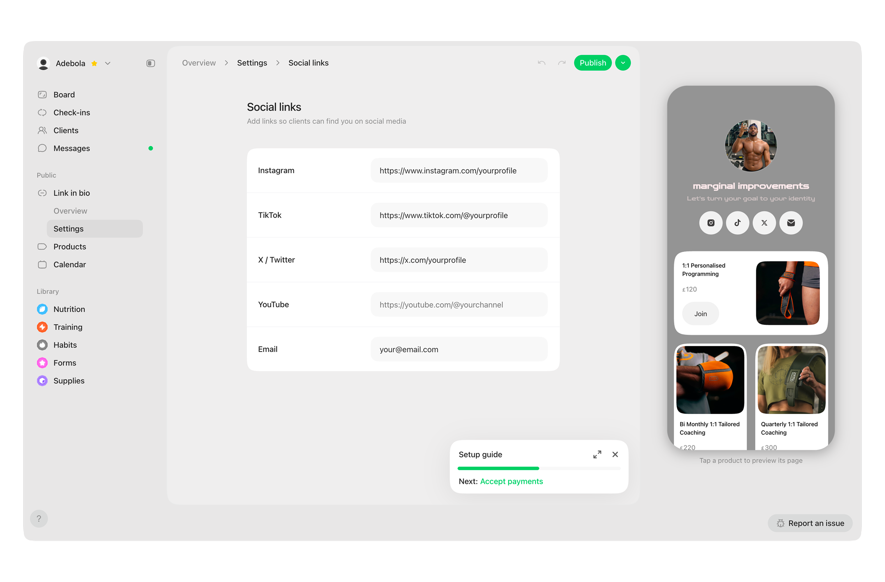 A coach's personalised public page, shown on desktop and mobile