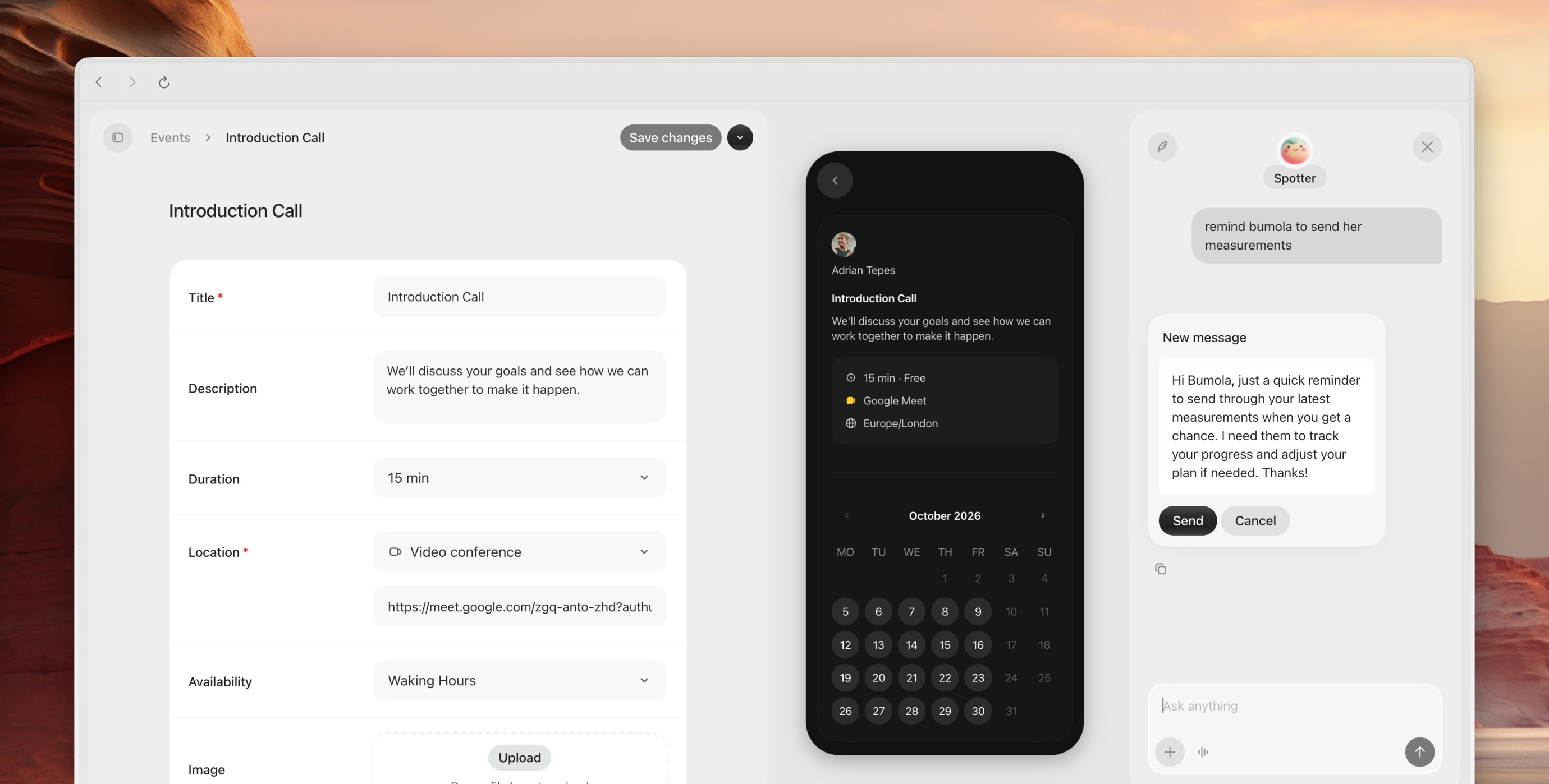The event editor, with a live booking page preview and Spotter beside it