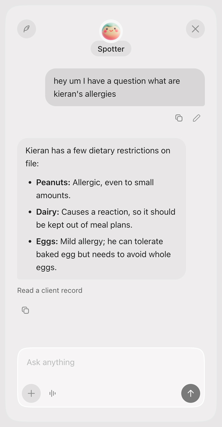 Spotter answering a question about a client’s allergies